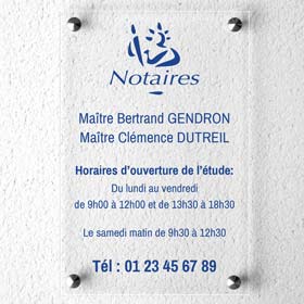 Plaque notaire avec horaires office notarial en plexiglas transparent, marquage bleu permanent