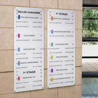 Tableaux multi-plaques maison de santé, Fond en plexiglas argent, plaquettes incolores avec marquage couleur